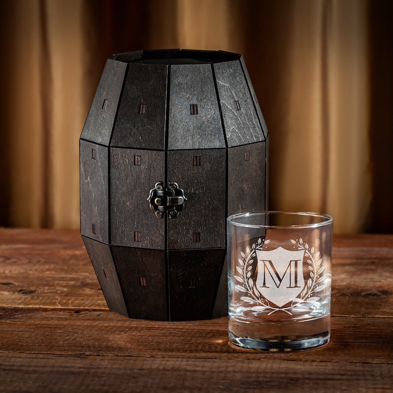 Unique Birthday Gift for Him, Father's Day gift for dad, Personalized Whiskey Glasses Set in a Wooden Barrel, Custom Gifts for Man